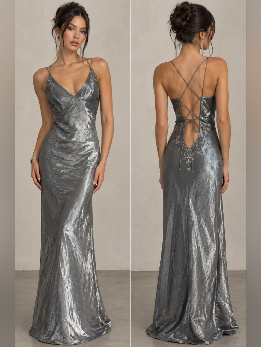 Dave & Johnny Vintage Metallic Silver Lace-Up Back Evening Gown